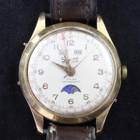A gentlemans 1950s/1960s Swiss 18ct gold Sabina calendar moonphase manual wind wrist watch,